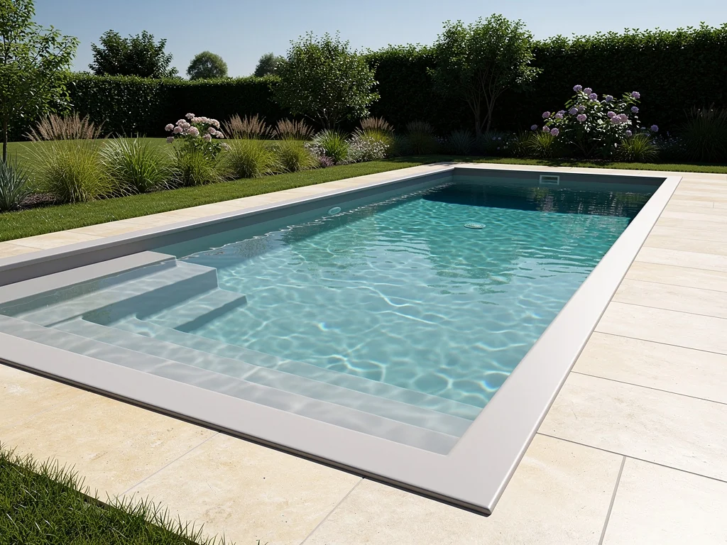 Piscine rectangulaire habillée d'un liner gris perle avec escalier d'angle